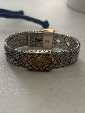 John Hardy 925 Sterling Silver 18K Gold Dot Wide Mesh Woven Bracelet 7.5” 50.63g